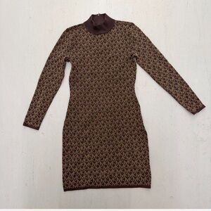 Michael Kors Brown Logo-Pattern Long-Sleeve Knit Dress